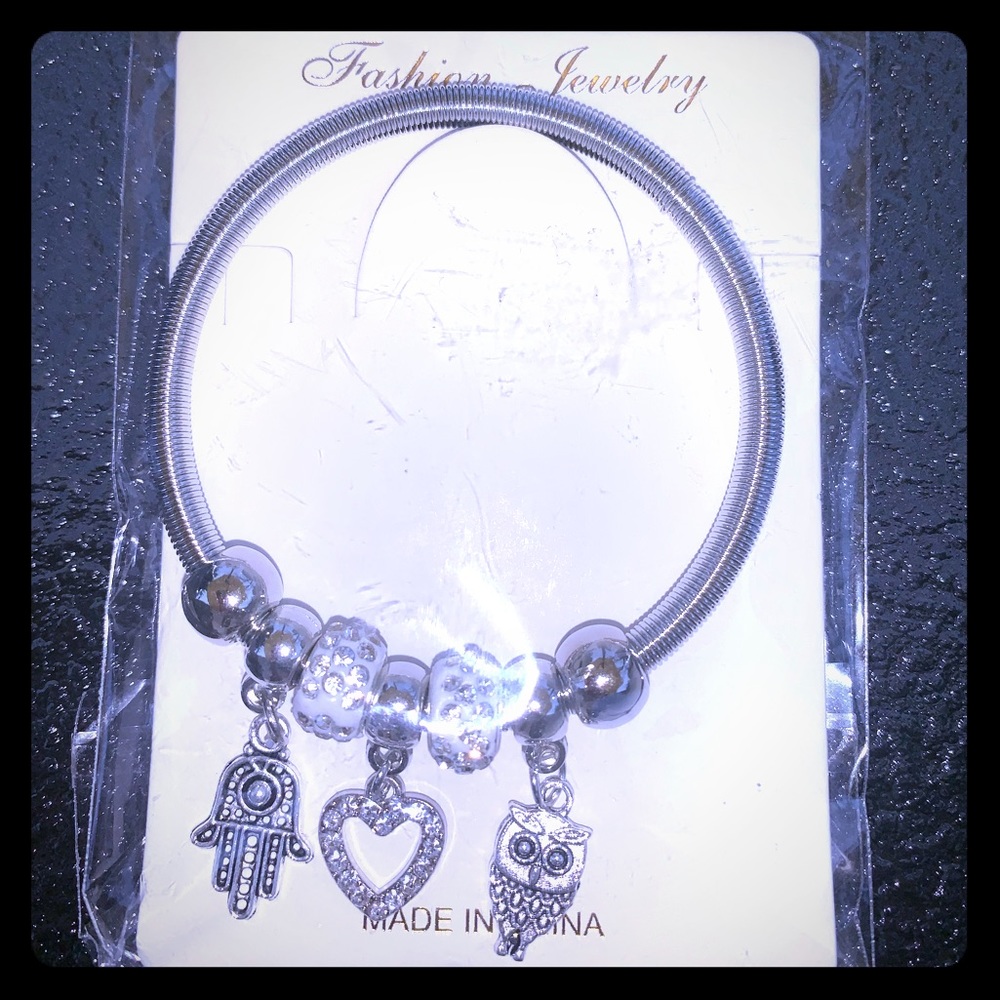 Owl Hamsa Hand Heart Stretch Charm Bracelet Silver